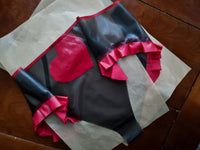 Smokey Black Semi-transparent Latex Briefs w Firetruck Red Ruffle & Heart Accents