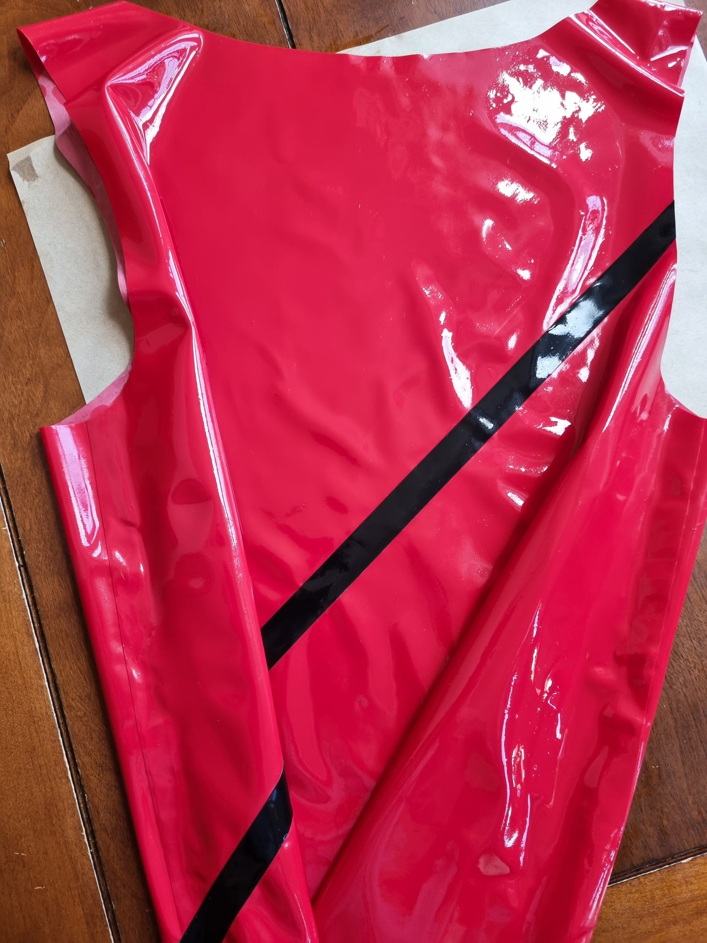 Firetruck Red Latex Vest w Black Diagonal Stripe to Front & Back
