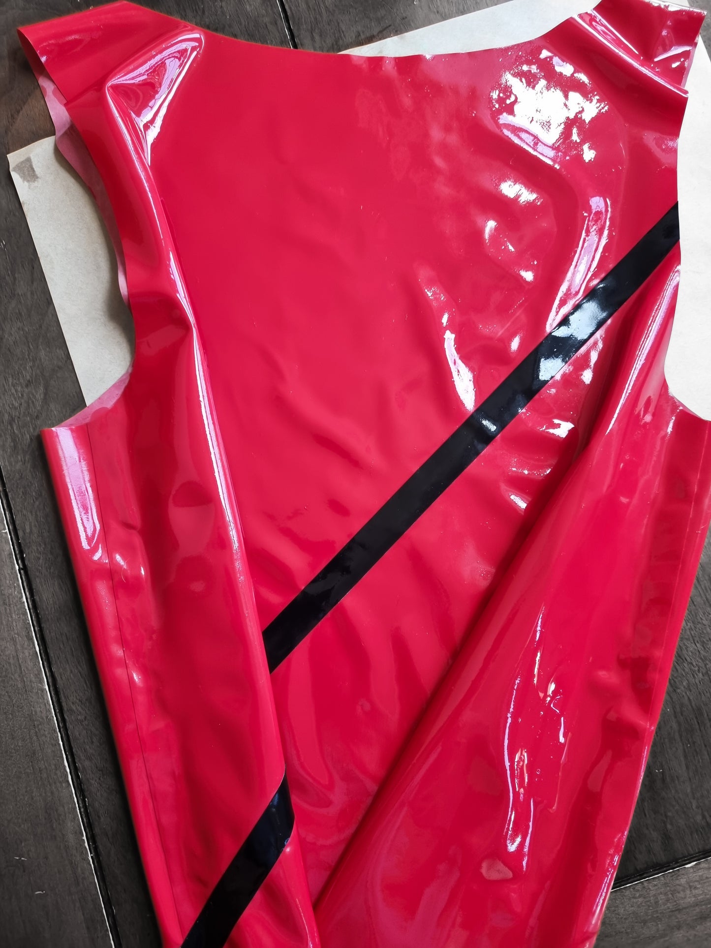 Firetruck Red Latex Vest w Black Diagonal Stripe to Front & Back