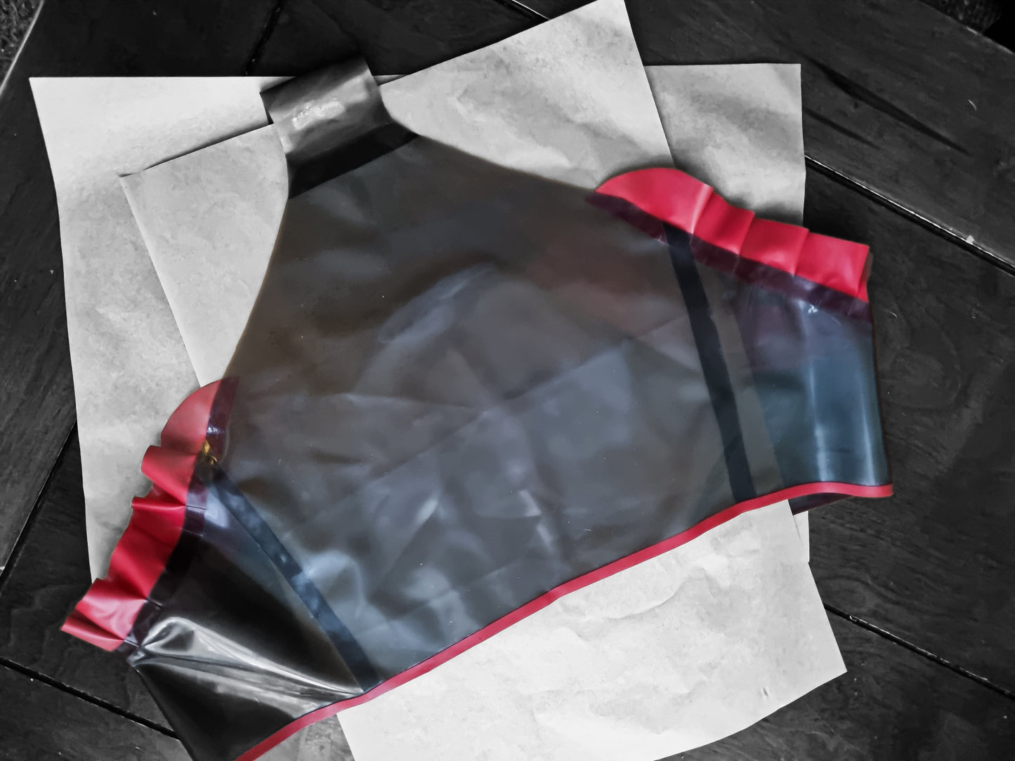 Smokey Black Semi-transparent Latex Briefs w Firetruck Red Ruffle & Heart Accents