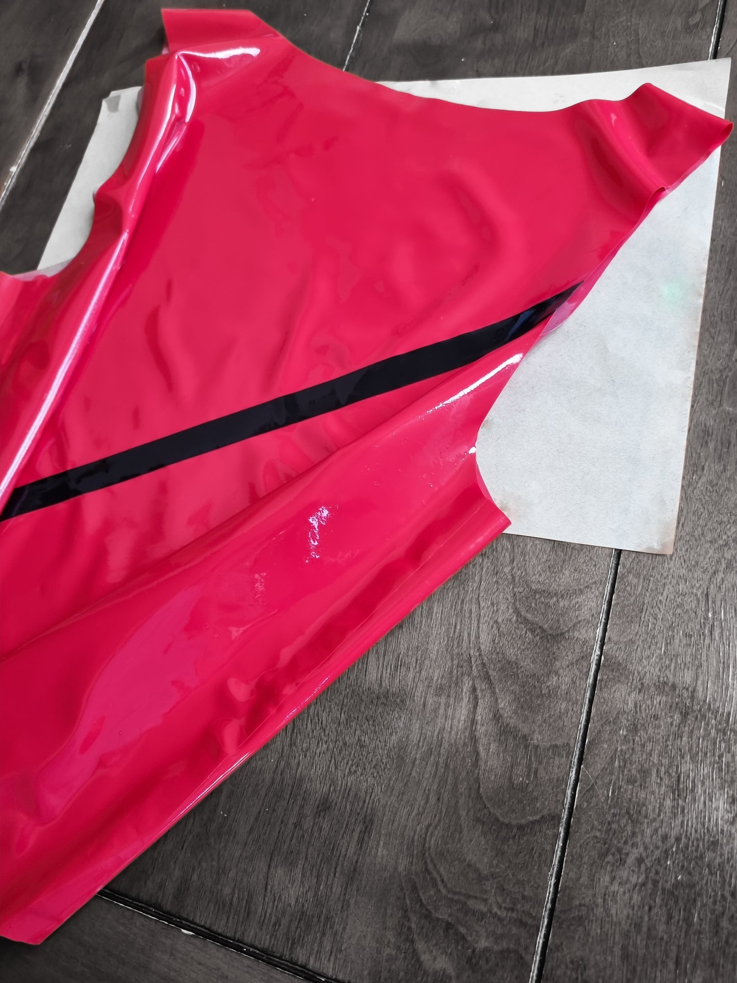 Firetruck Red Latex Vest w Black Diagonal Stripe to Front & Back