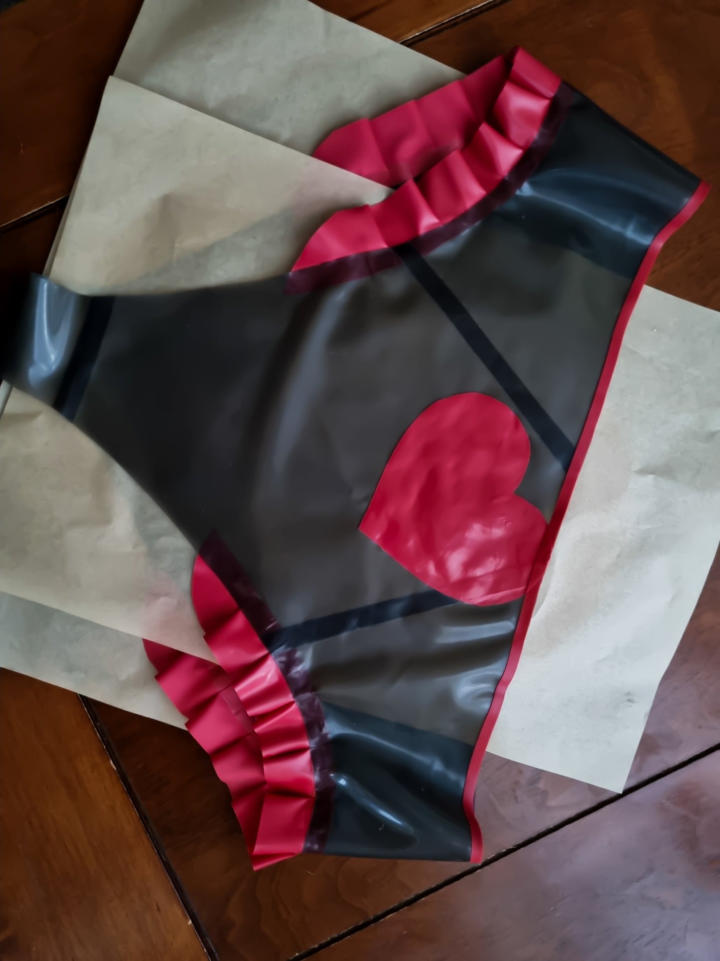 Smokey Black Semi-transparent Latex Briefs w Firetruck Red Ruffle & Heart Accents