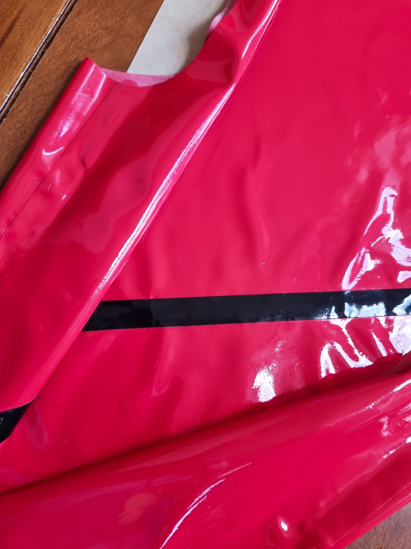 Firetruck Red Latex Vest w Black Diagonal Stripe to Front & Back