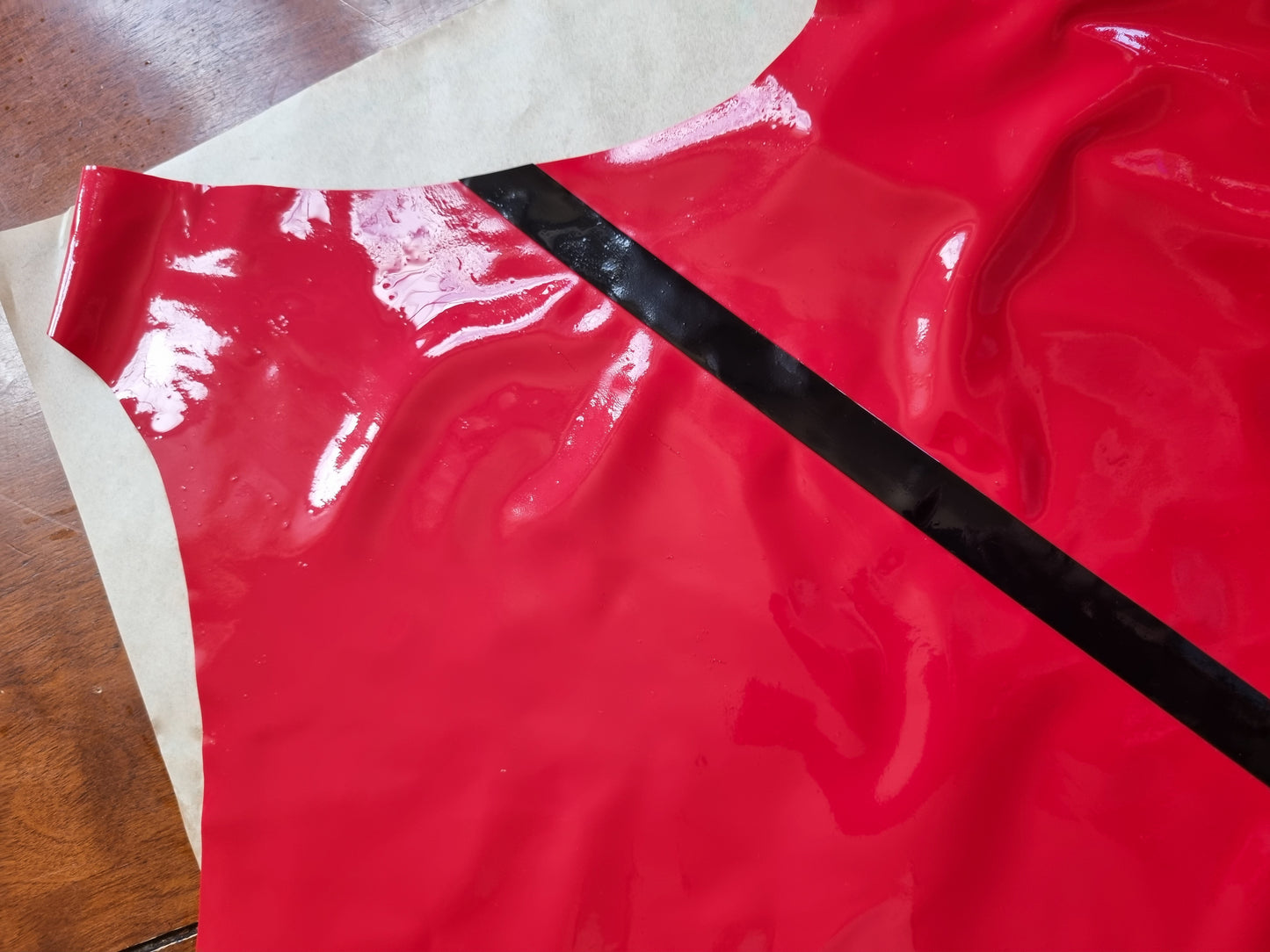 Firetruck Red Latex Vest w Black Diagonal Stripe to Front & Back