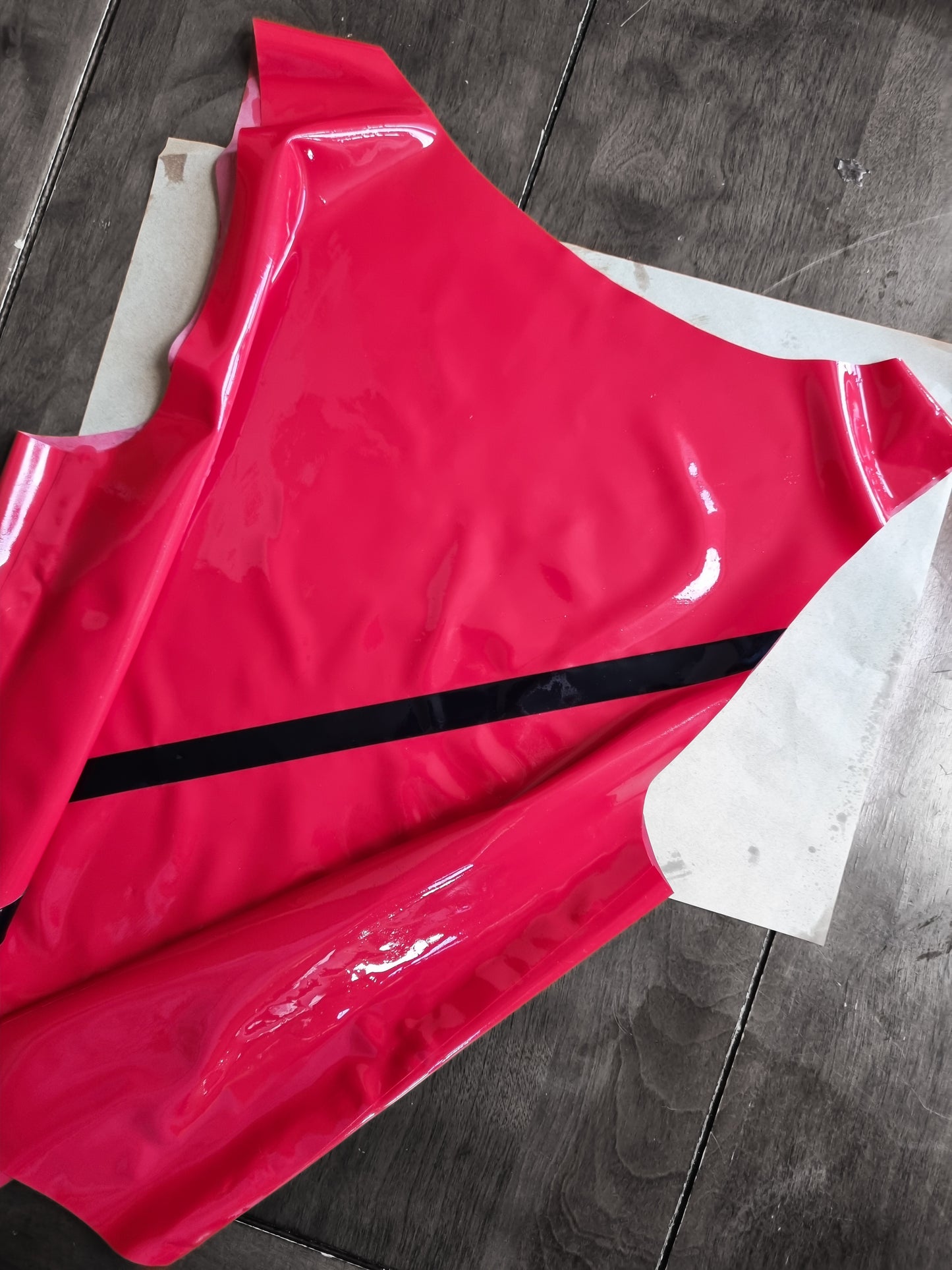 Firetruck Red Latex Vest w Black Diagonal Stripe to Front & Back