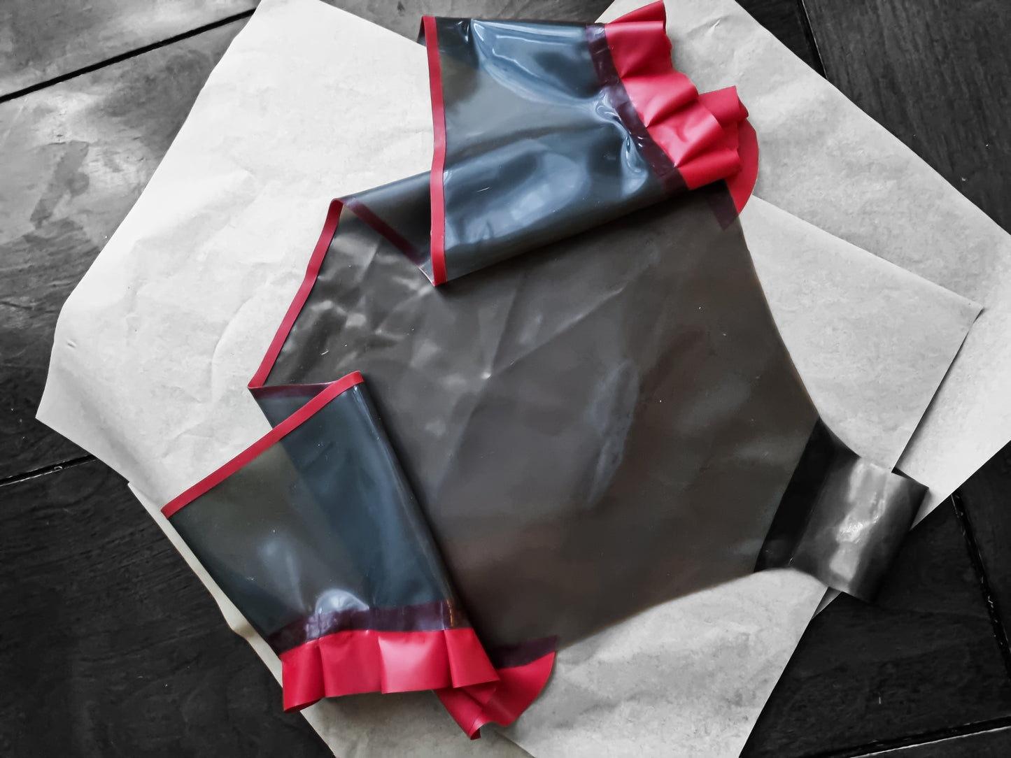 Smokey Black Semi-transparent Latex Briefs w Firetruck Red Ruffle & Heart Accents