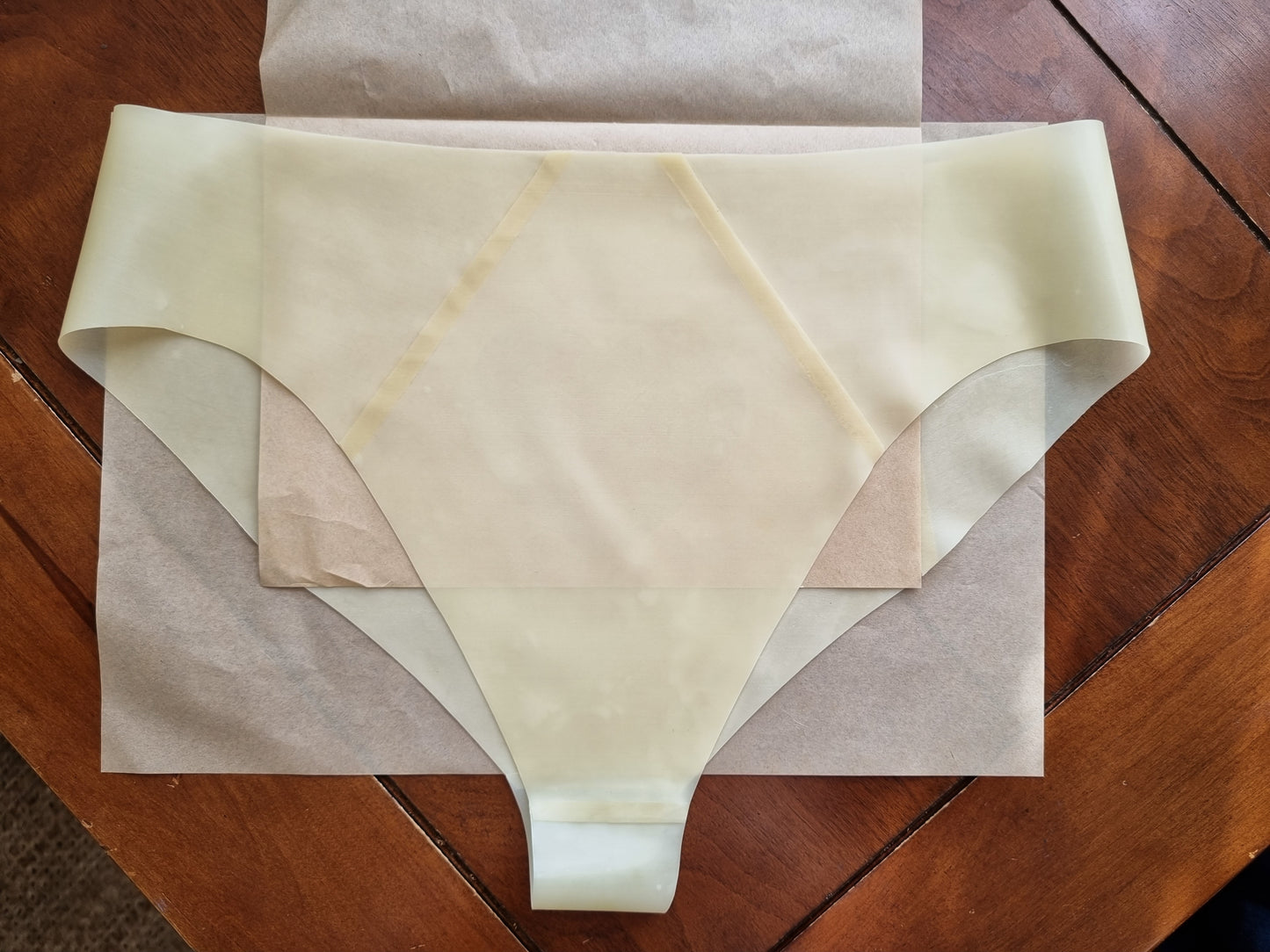Natural Semi-transparent, Flat Front High Leg High Waist .45mm Latex Briefs.