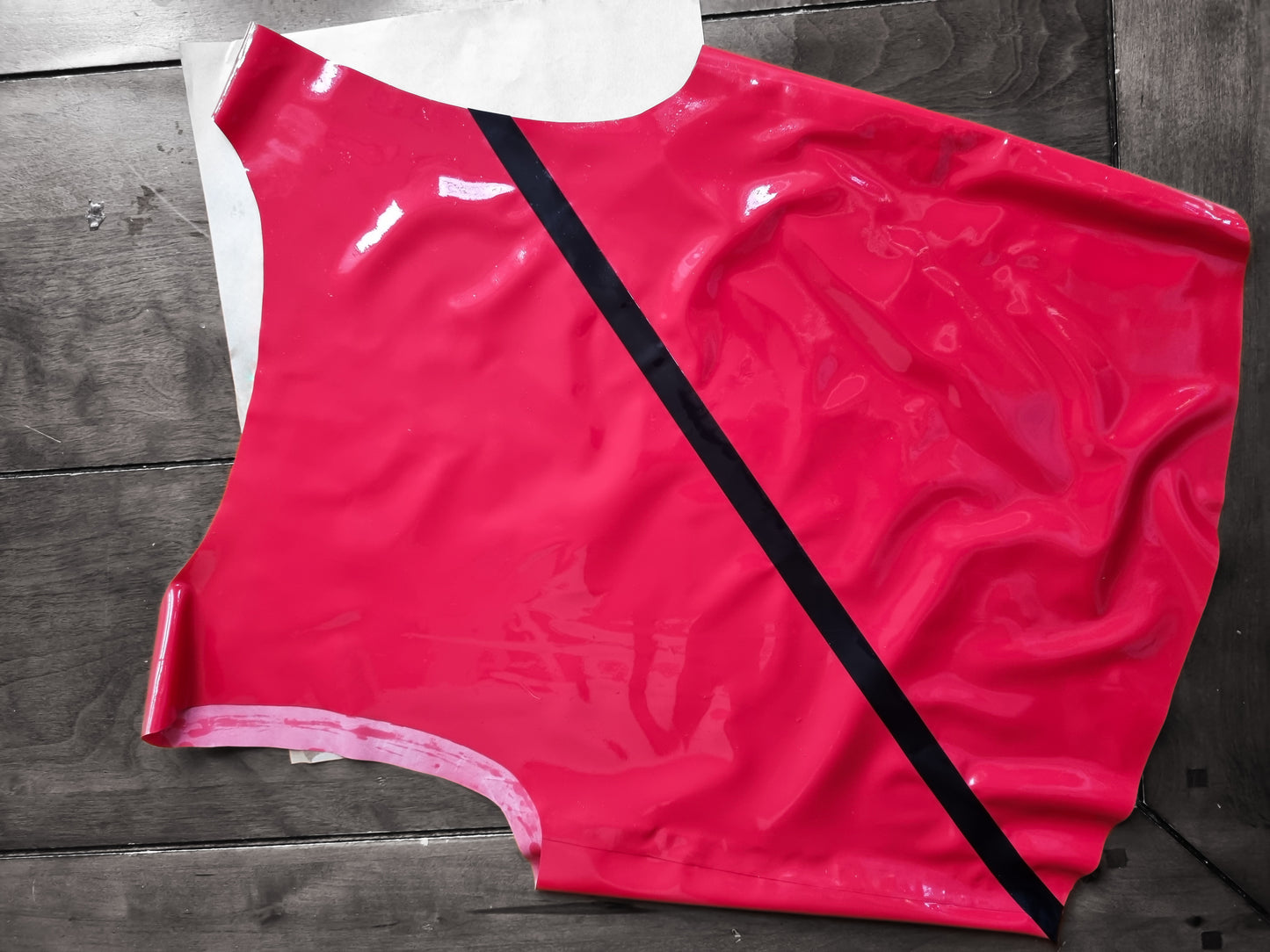 Firetruck Red Latex Vest w Black Diagonal Stripe to Front & Back
